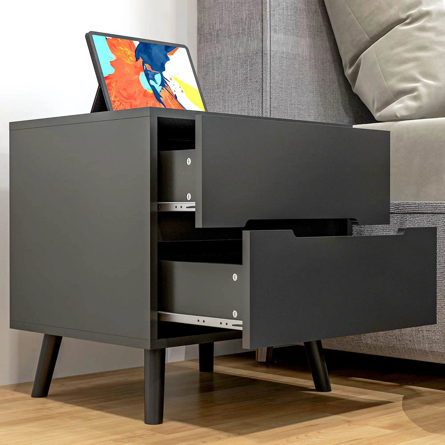 Modern Nightstand, Night Table with 2 Drawers, Bed End Table with Solid Wood Legs for Bedroom Bedside Tables at Gallery Canada