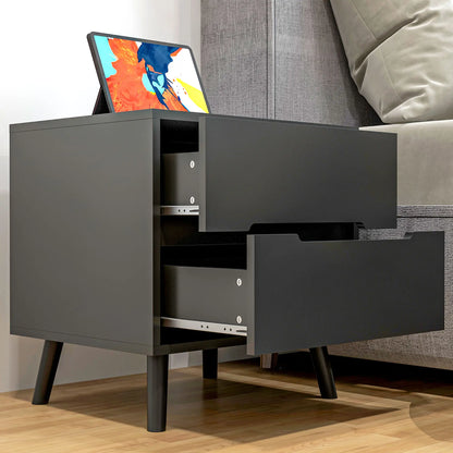 Modern Nightstand, Night Table with 2 Drawers, Bed End Table with Solid Wood Legs for Bedroom Bedside Tables at Gallery Canada