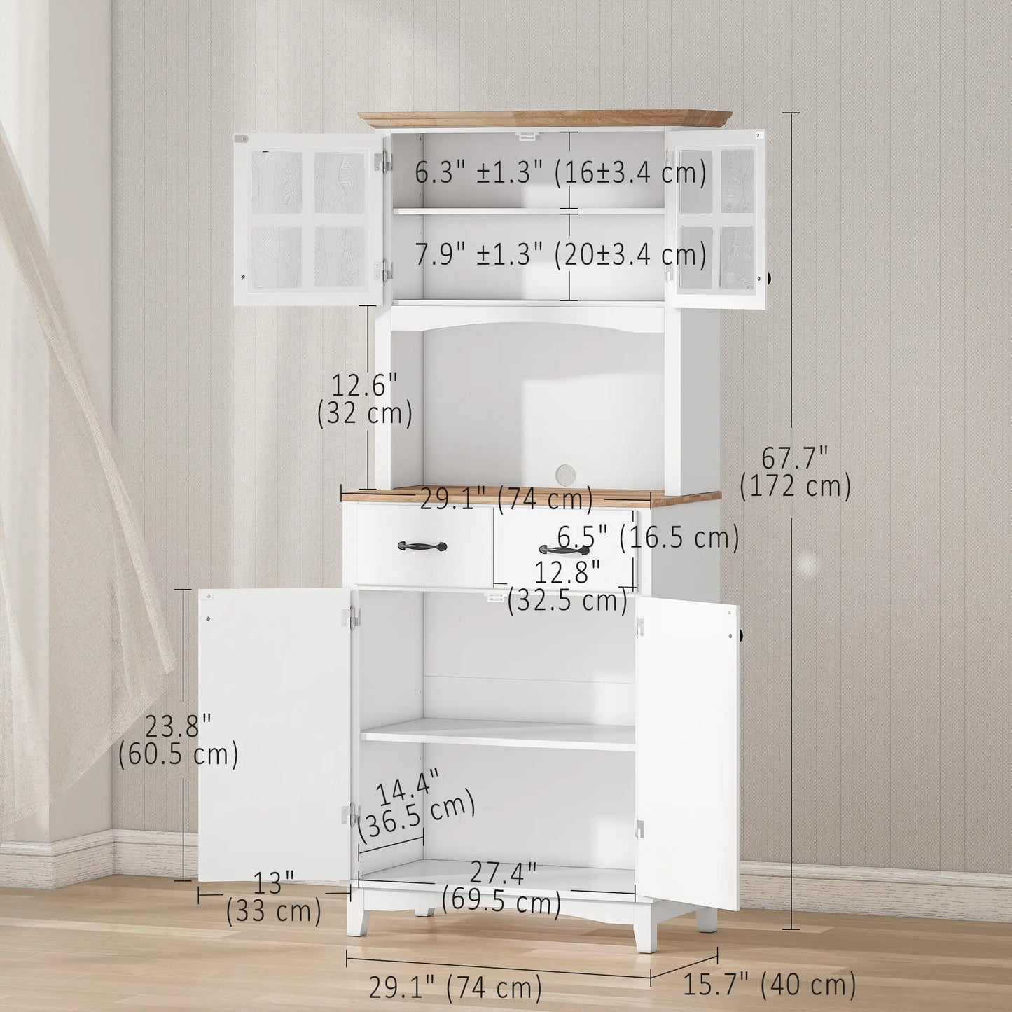 Buffet de cuisine style côtier, armoire de rangement en bois, porte vitrée encadrée, blanc