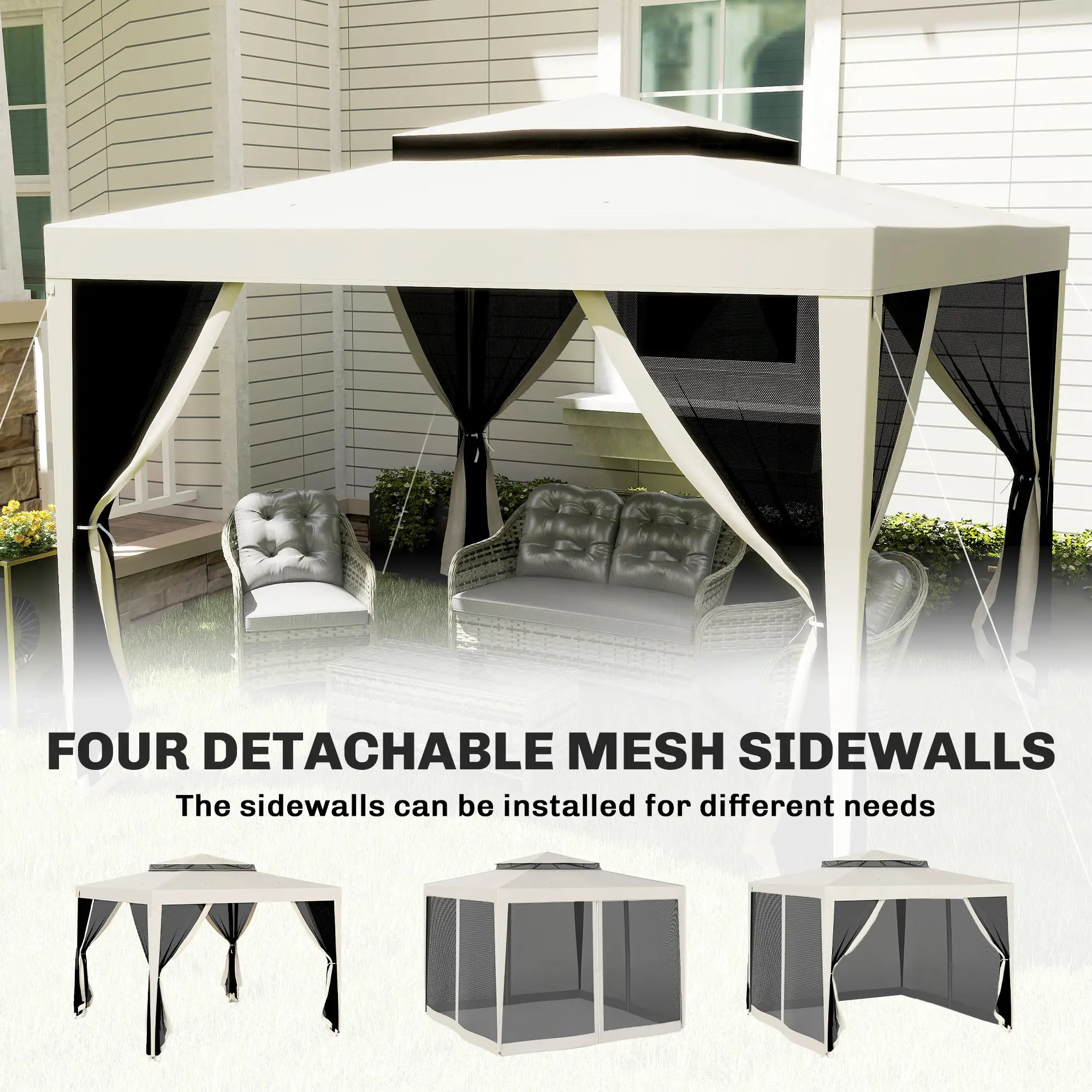 10' x 10' Outdoor Canopy Tent, Mesh Netting, Double Tier Roof, Cream White Gazebos at Gallery Canada
