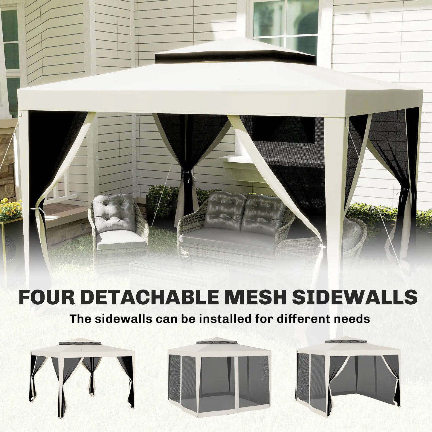 10' x 10' Outdoor Canopy Tent, Mesh Netting, Double Tier Roof, Cream White Gazebos at Gallery Canada