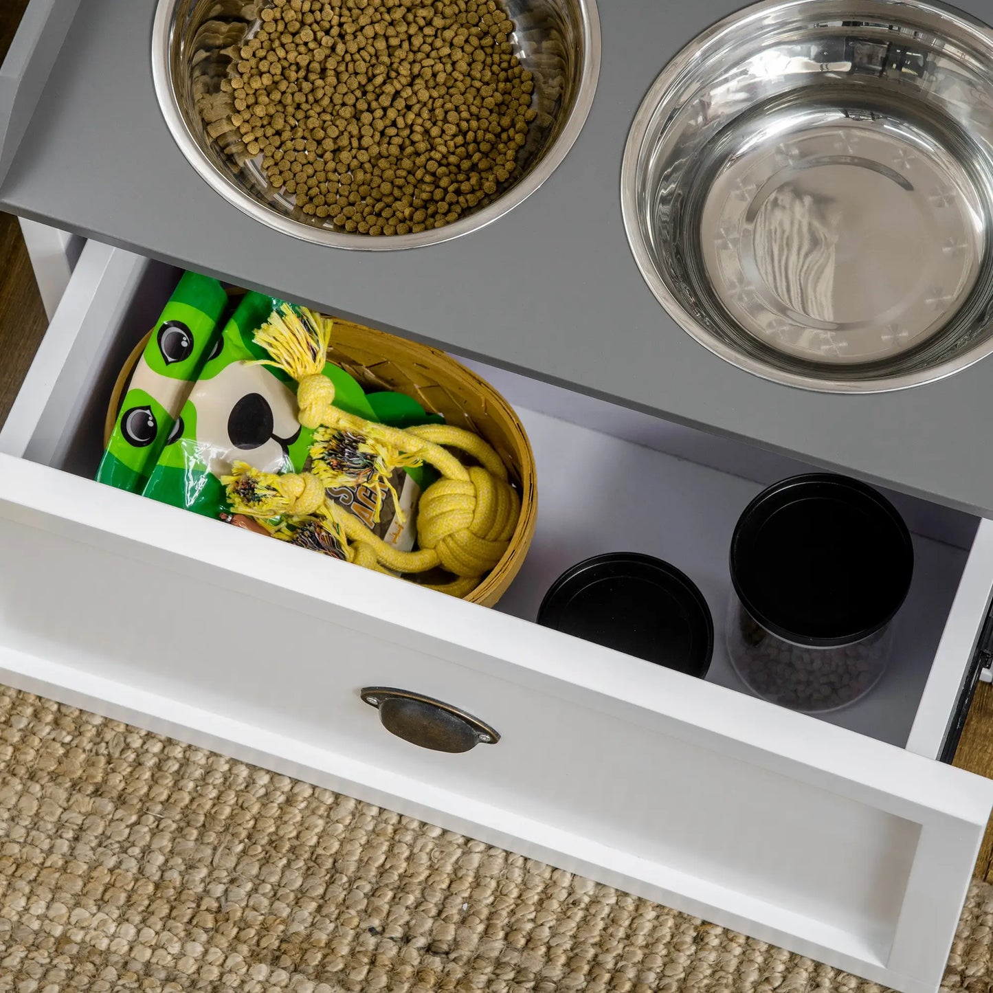 Raised Dog Bowls Feeding Station, 2 Stainless Steel Bowls, 23.6"x11.8"x14.2", White Dog Bowls at Gallery Canada