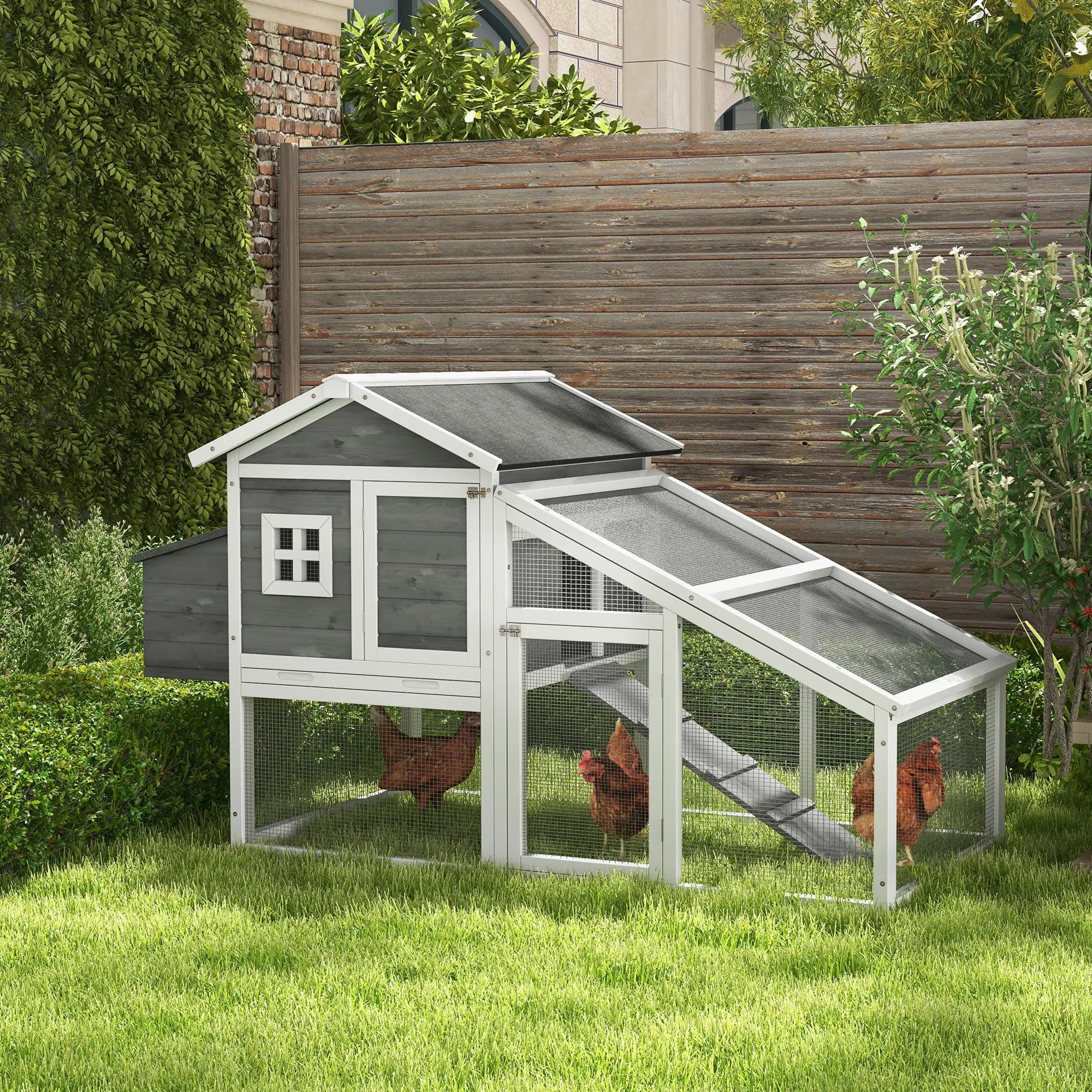69 Wooden Chicken Coop with Run, Nesting Box, Tray, Grey Chicken Coops at Gallery Canada
