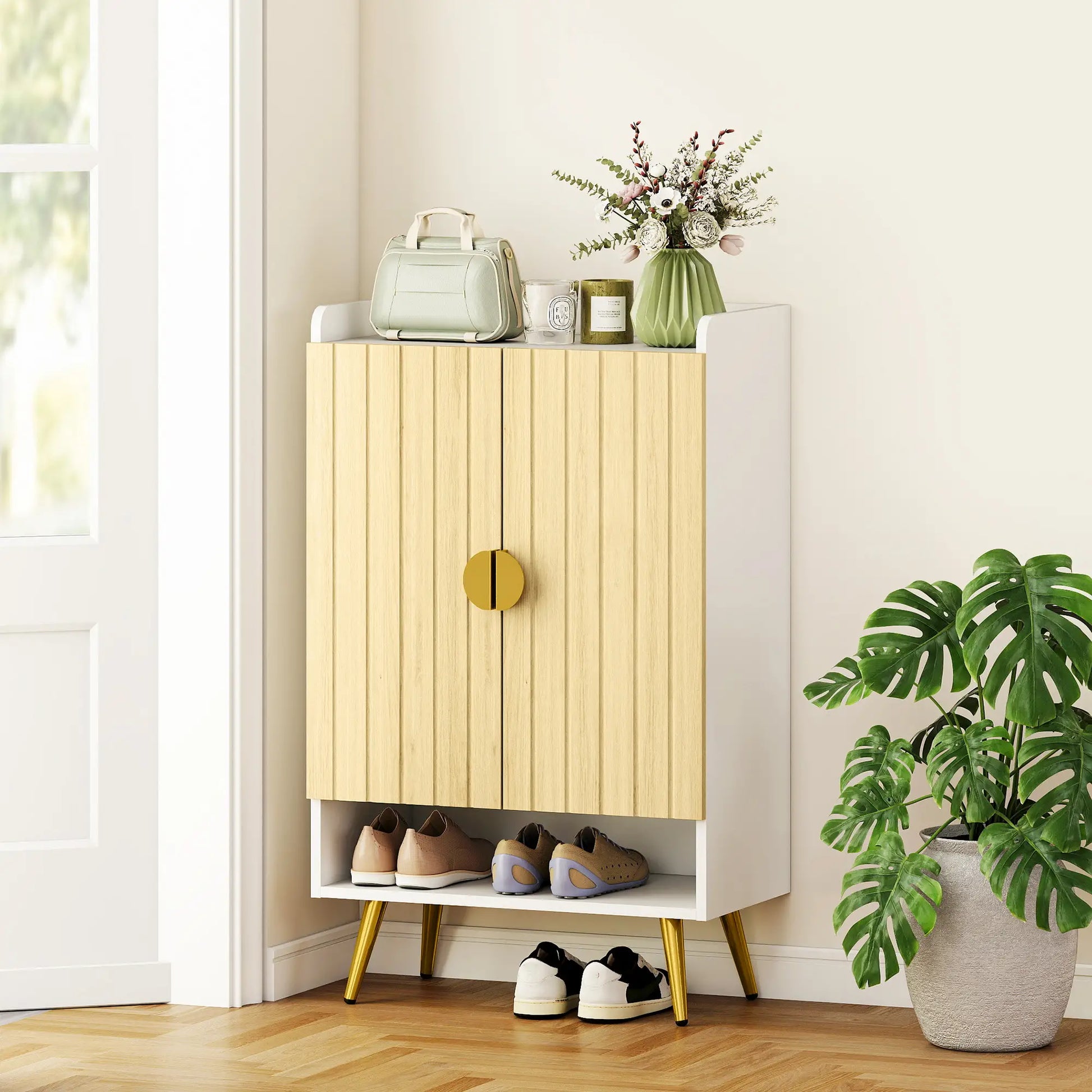 Entryway Shoe Storage Cabinet, Adjustable Shelves, Open Shelf, 15 Pairs, Natural Shoe Storage Cabinets & Racks at Gallery Canada