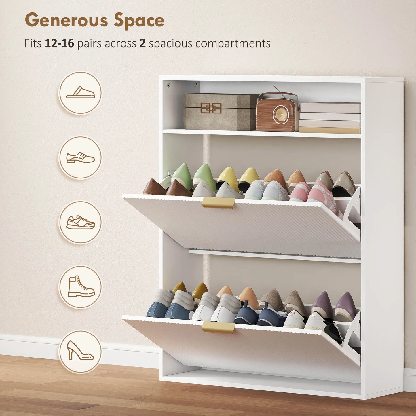 Narrow Shoe Cabinet With 2 Flip Drawers, Top Shelf, White Shoe Storage Cabinets & Racks at Gallery Canada