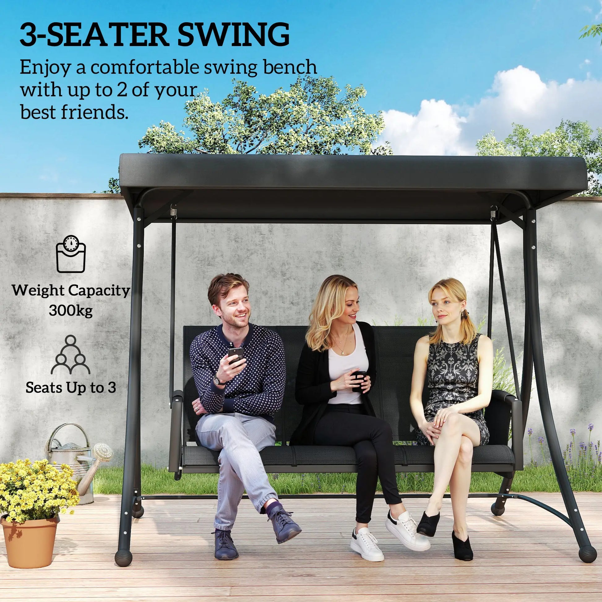 3 Person Porch Swing Chair, Adjustable Canopy, Black Porch Swings with Canopy at Gallery Canada