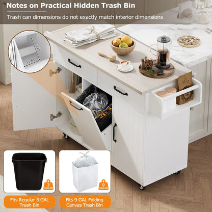 Kitchen Island with Tilt-Out Trash Cabinet, Adjustable Shelf, 51" L x 20" W x 35" H, White Kitchen Islands & Kitchen Carts at Gallery Canada