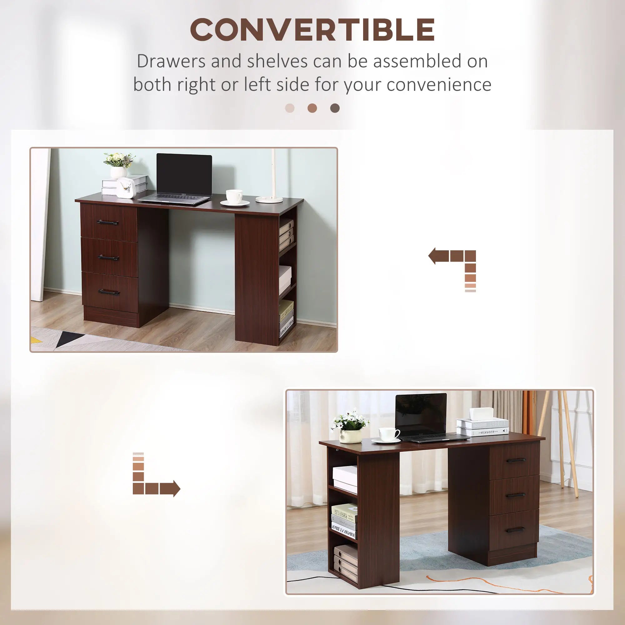 47 Inches Office Desk, 3-Tier Storage Shelves, Drawers, Walnut Writing Desks at Gallery Canada