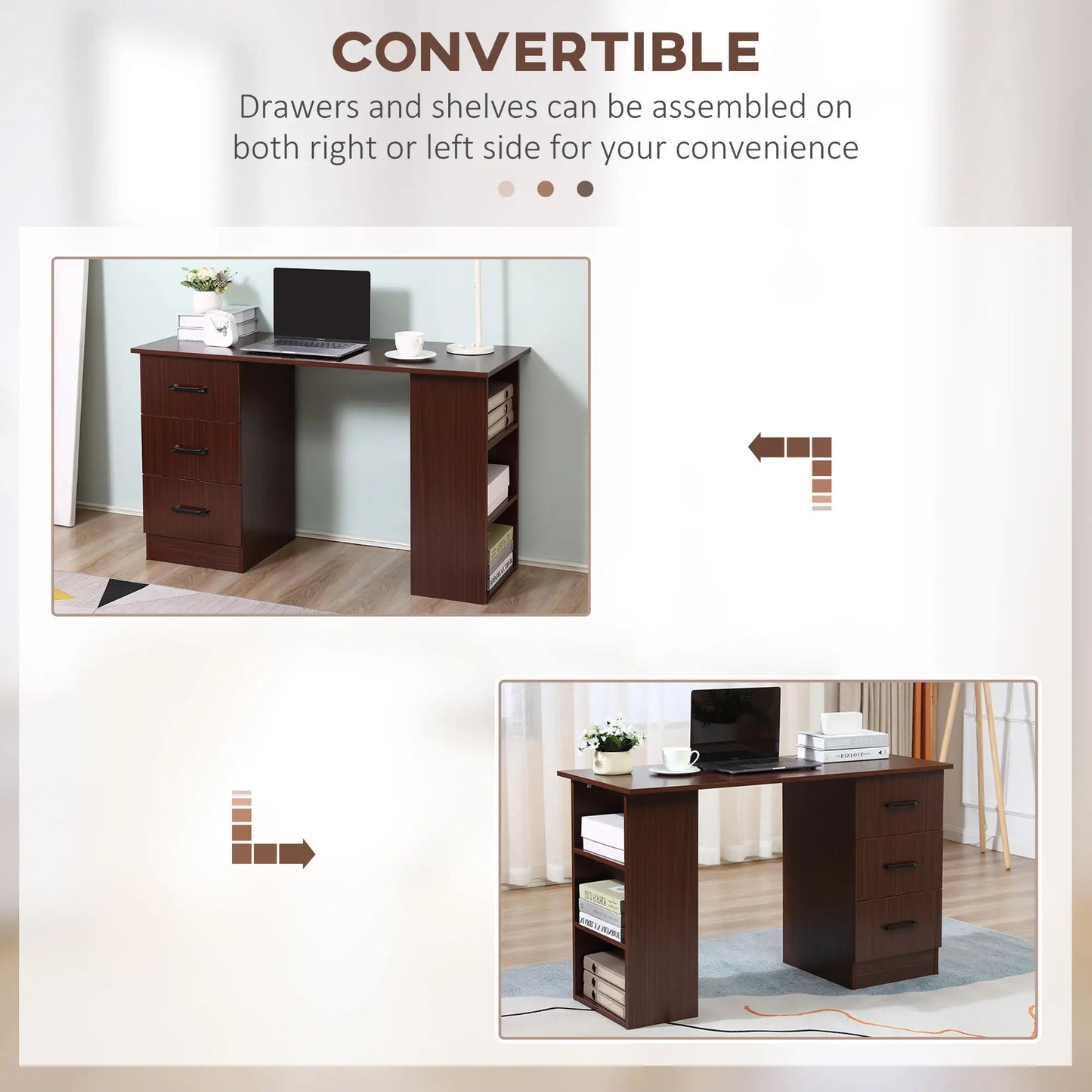 47 Inches Office Desk, 3-Tier Storage Shelves, Drawers, Walnut Writing Desks at Gallery Canada