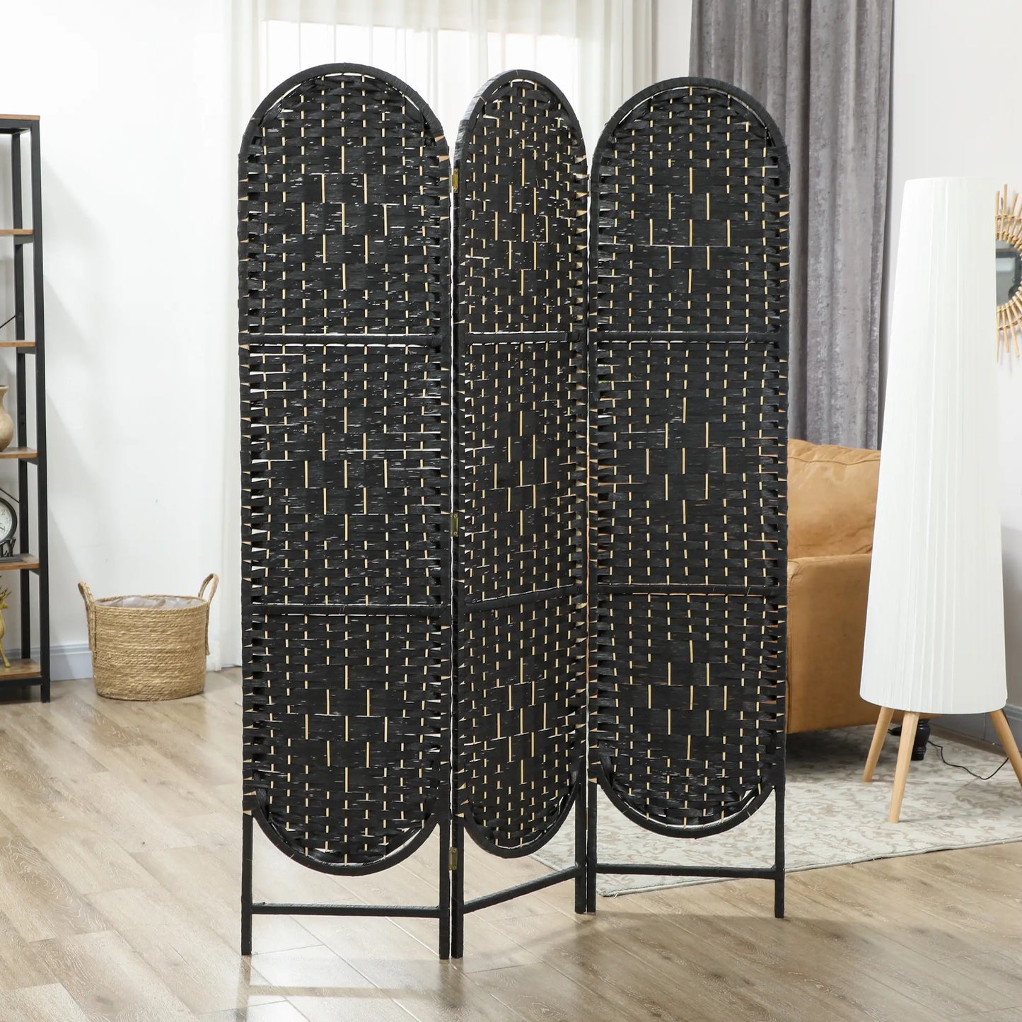 Bohemian Privacy Screen, 3 Panel Folding Room Divider, Arched Top, Black Room Dividers at Gallery Canada
