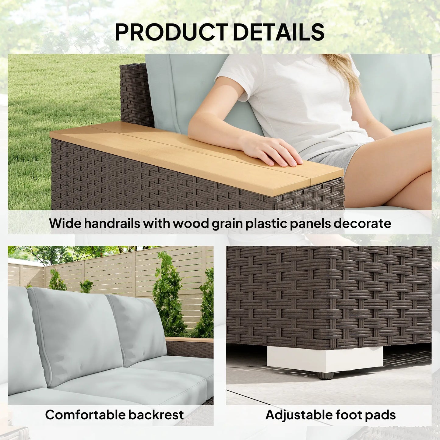 3-Seater Outdoor Sofa, Wicker Patio Couch With Wood Armrests, Grey Patio Furniture Sets at Gallery Canada