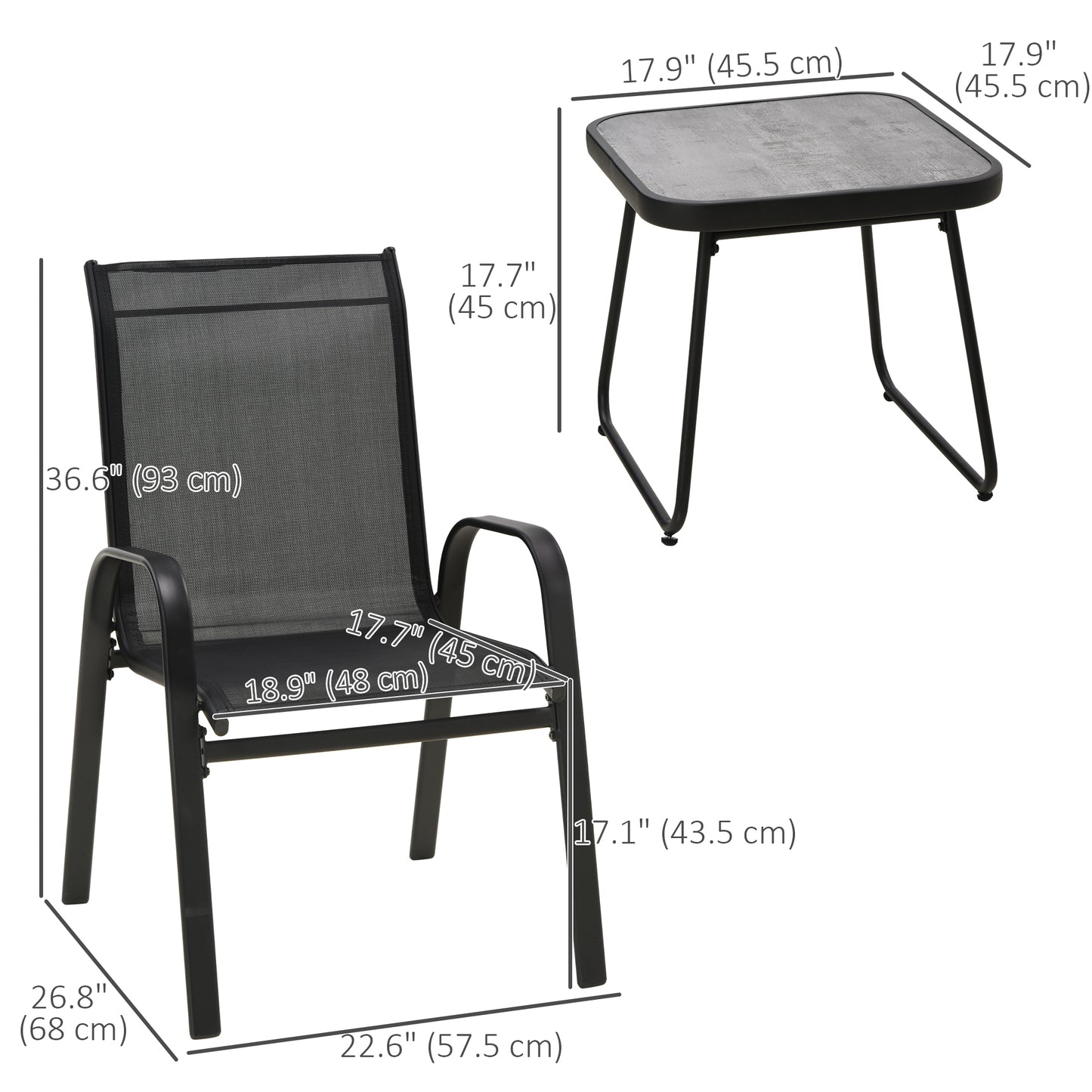 Outdoor Bistro Set of 3, 3 Piece Patio Set with Breathable Mesh Fabric, Stackable Chairs and Square Table, Black - Gallery Canada