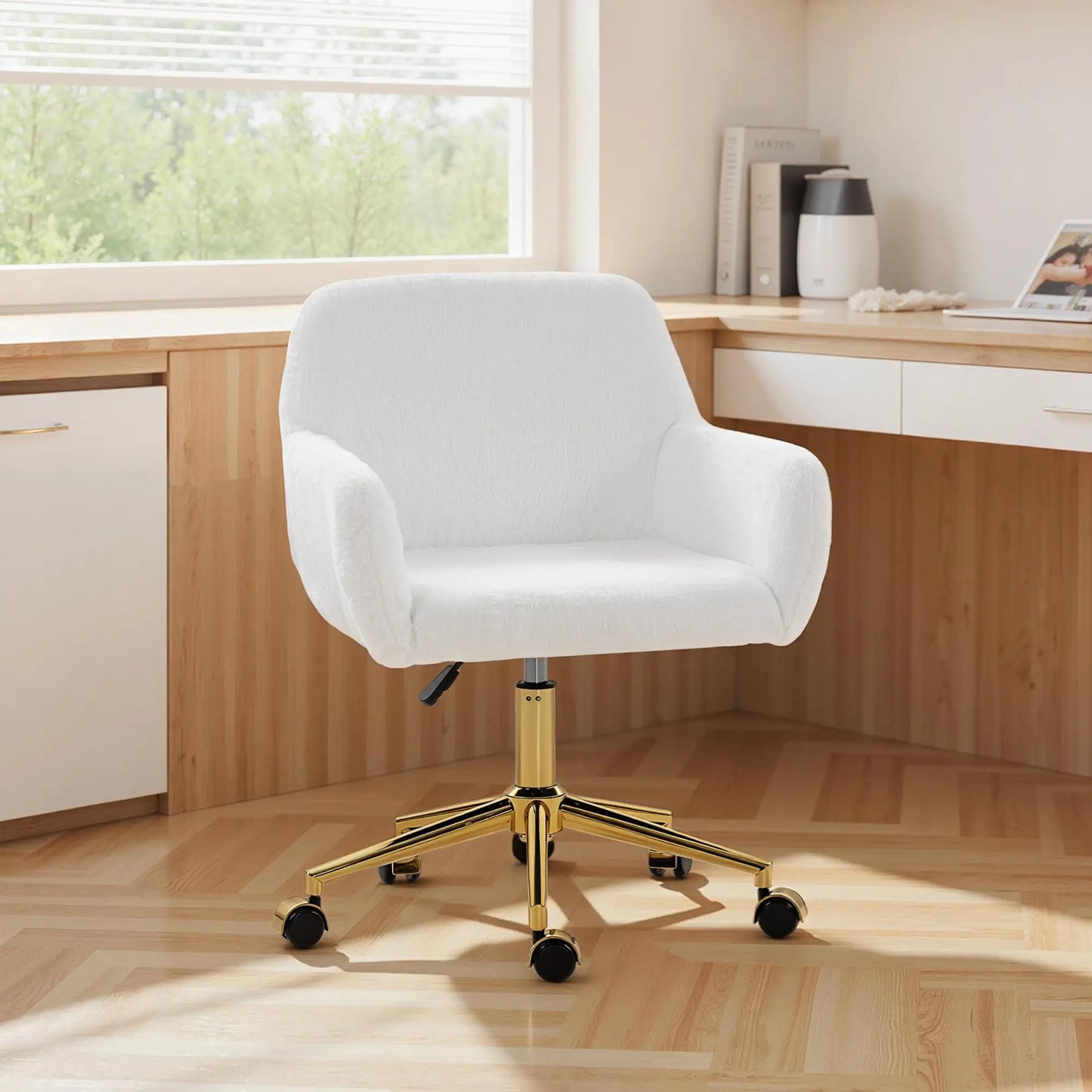 Faux Rabbit Fur Upholstered Office Chair, Cream White Task Chairs at Gallery Canada