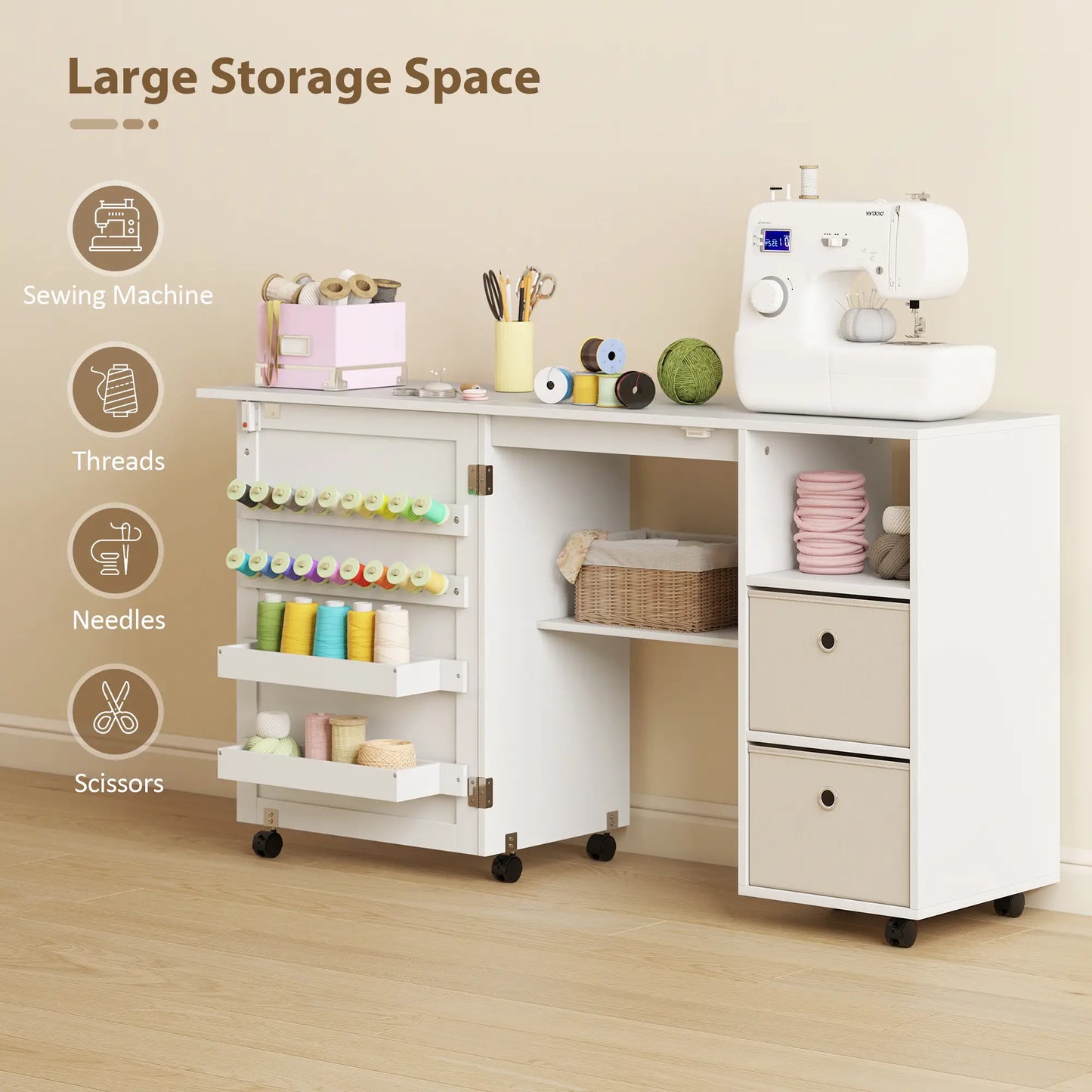 Rolling Sewing Machine Table, Folding Craft Table with Drawers, White Sewing Cabinets at Gallery Canada
