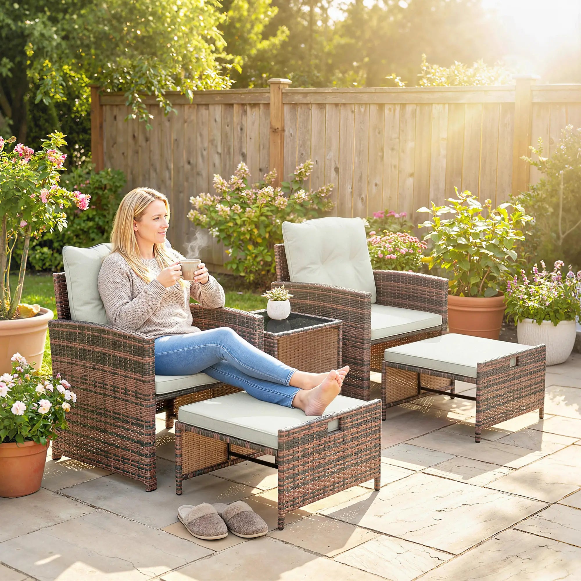 5 Piece Patio Set, Wicker Chairs With Ottomans, Glass Coffee Table, Brown Cream Patio Furniture Sets at Gallery Canada