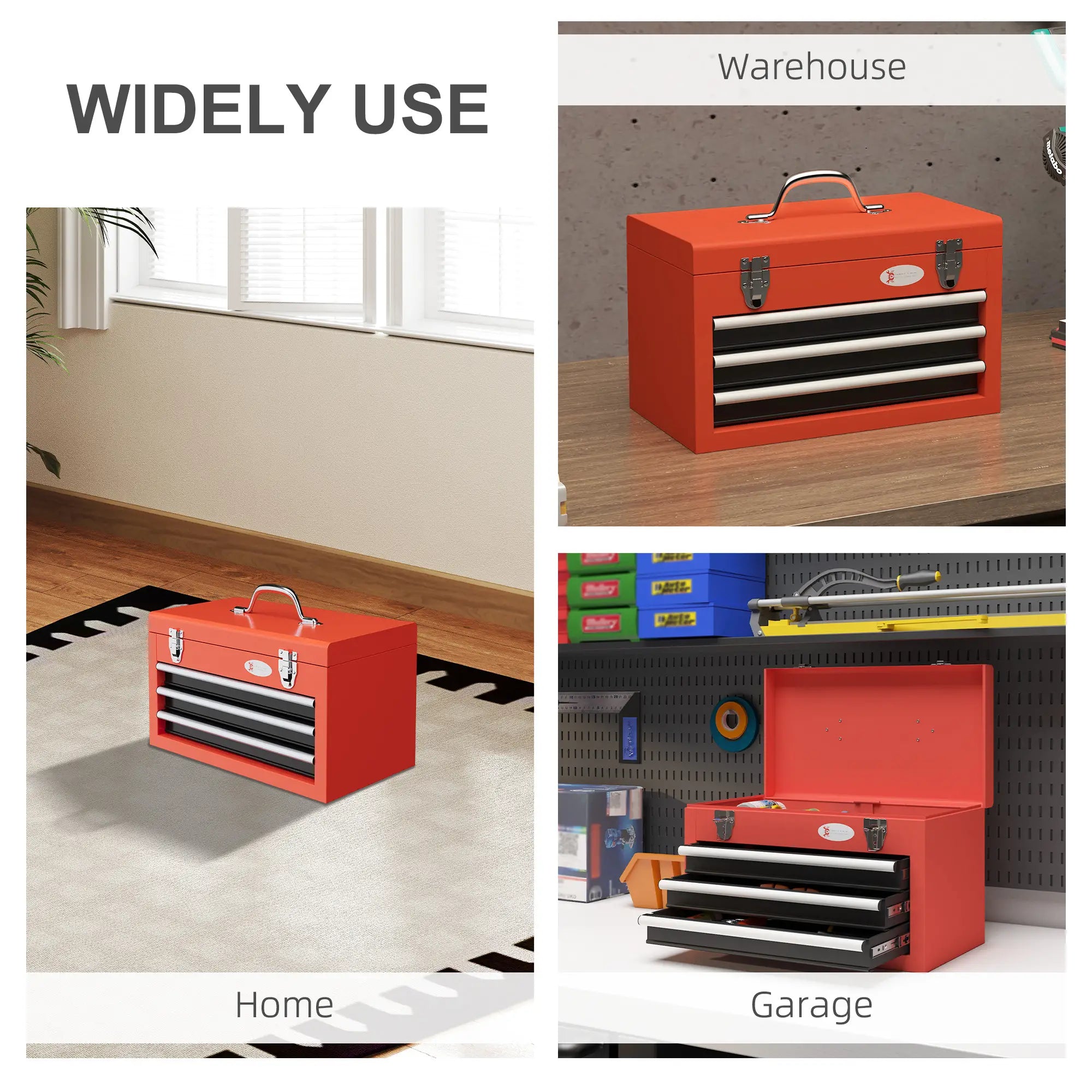 3 Drawer Tool Chest, Metal Latch Closure, Portable Tool Box, Red Tool Organizers at Gallery Canada