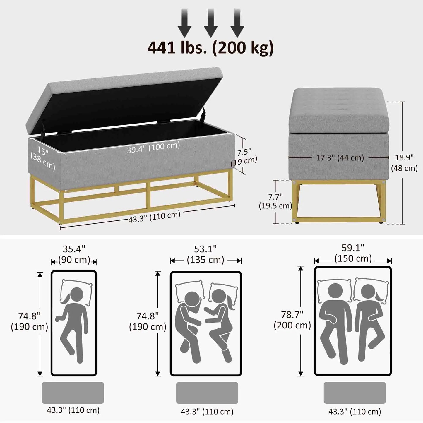 Storage Ottoman, Flip Top Upholstered Bench, Linen Fabric, Steel Legs, Beige Storage Ottomans & Benches at Gallery Canada