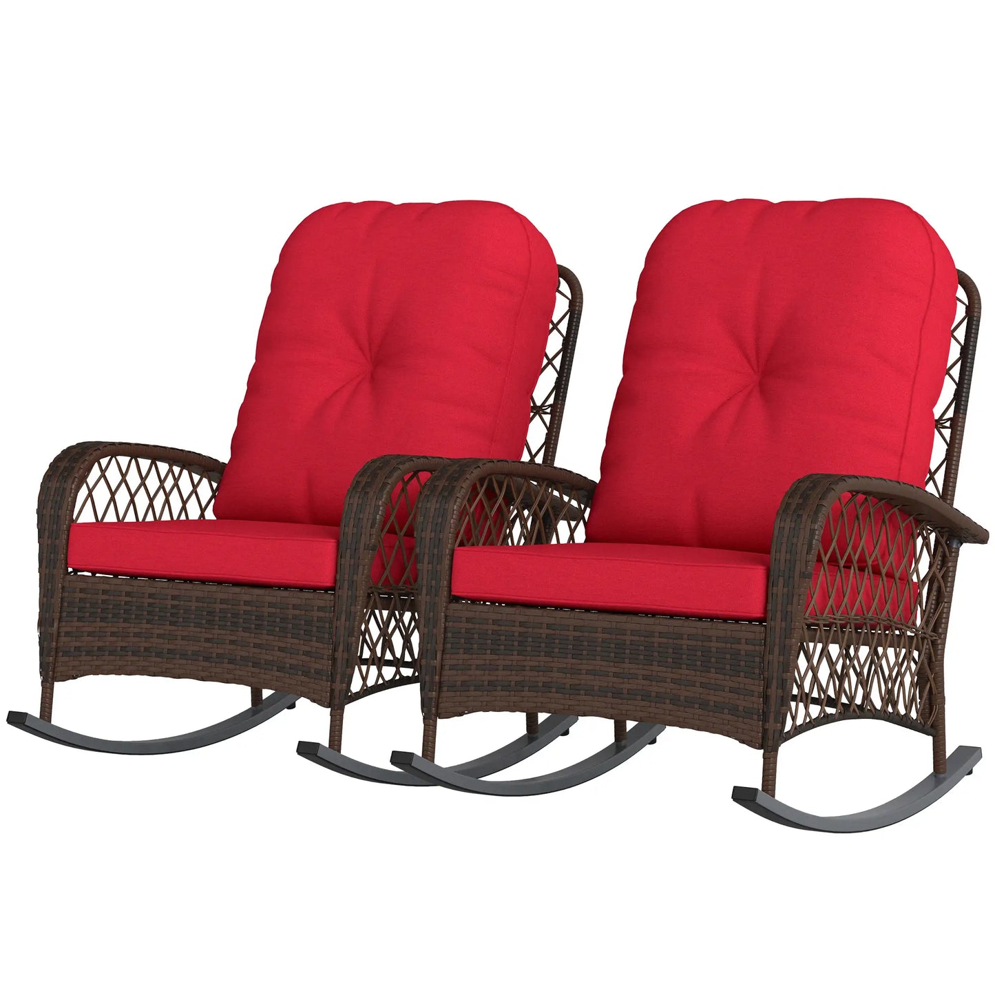 Outdoor Wicker Rattan Rocking Chair Set, Patio Rocker with Cushions, Red Outdoor Rocking Chairs Mixed Brown Rattan, Red Cushion at Gallery Canada