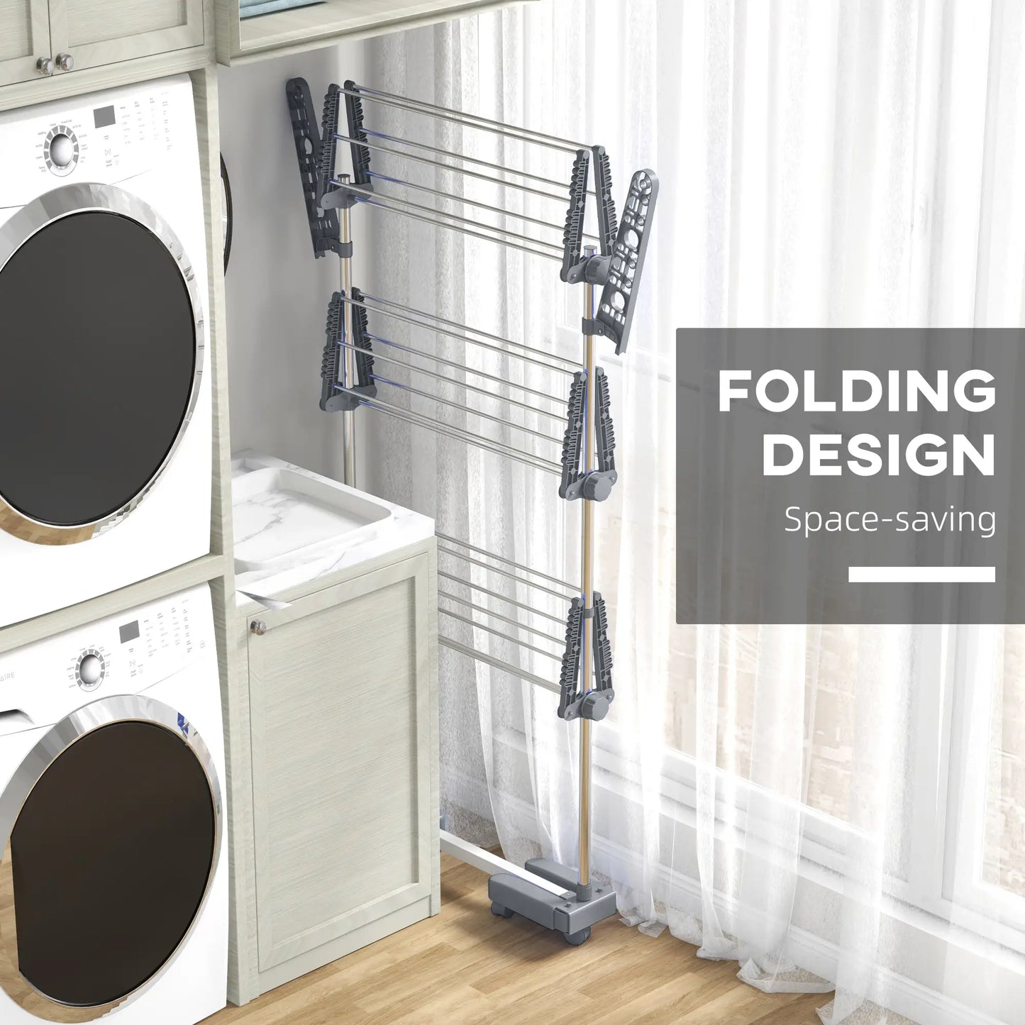 3-Tier Foldable Clothes Drying Rack, Stainless Steel, 6 Castors, Grey Bath Accessories at Gallery Canada