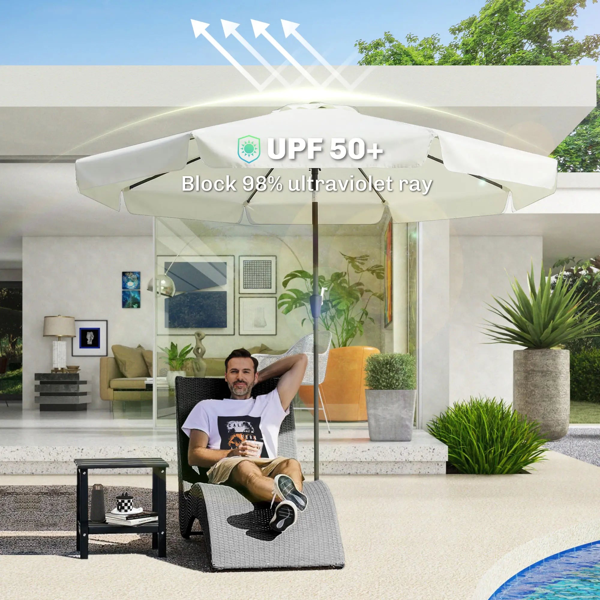 8.5 ft Round Patio Umbrella, Tilt and Crank, Cream White Sun Umbrellas at Gallery Canada