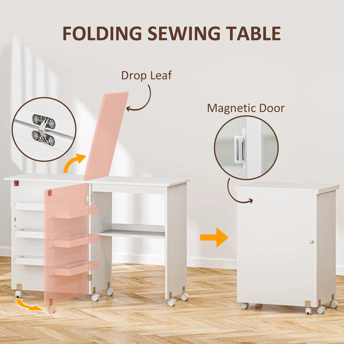 Folding Sewing Table with Storage, Lockable Wheels, White Storage Cabinets at Gallery Canada