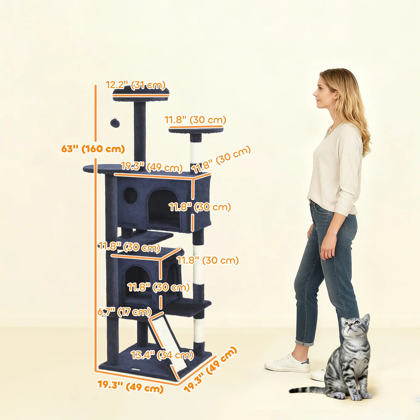 63" Cat Tree, Multi-Level Tower, Scratching Posts, Condos, Bed, Dark Blue