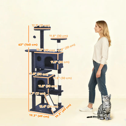 63" Cat Tree, Multi-Level Tower, Scratching Posts, Condos, Bed, Dark Blue