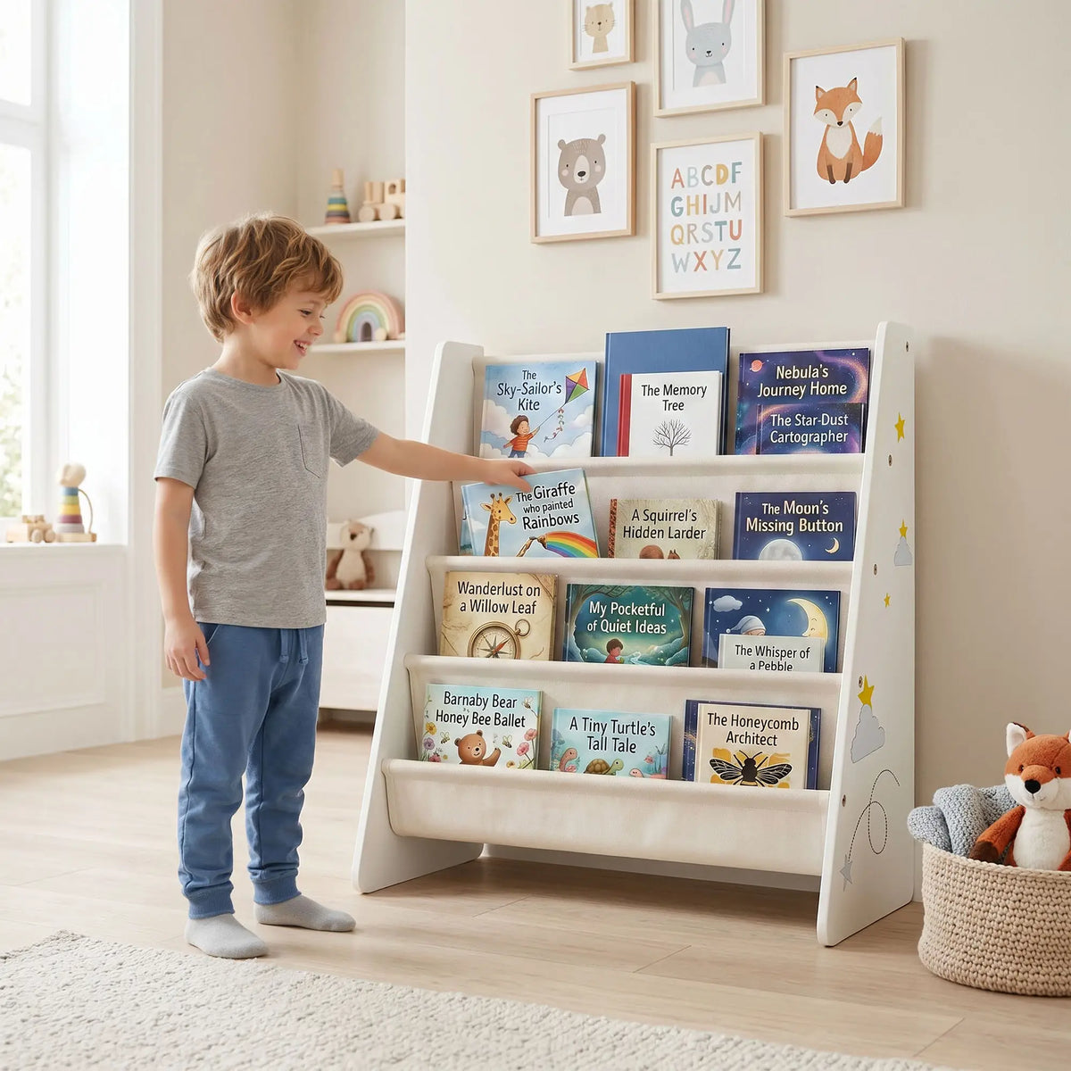 Fabric Kids Bookshelf, 4-Tier Toddler Sling Book Rack, White Baby & Kids Storage at Gallery Canada