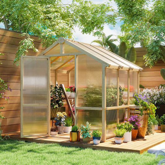 6.6 x 6ft Polycarbonate Greenhouse, Wooden, Lockable Door, Brown Walk In Greenhouses Brown at Gallery Canada