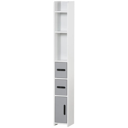 Freestanding Tall Bathroom Cabinet, Narrow Bathroom Storage Cabinet with Shelves and Cupboards, Grey and White