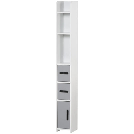 Freestanding Tall Bathroom Cabinet, Narrow Bathroom Storage Cabinet with Shelves and Cupboards, Grey and White