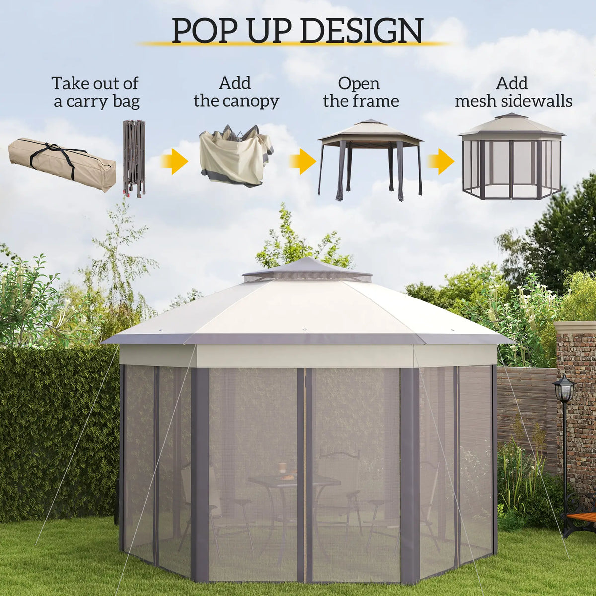 13' x 13' Pop Up Canopy Tent, Netting, Carry Bag, Coffee Beige