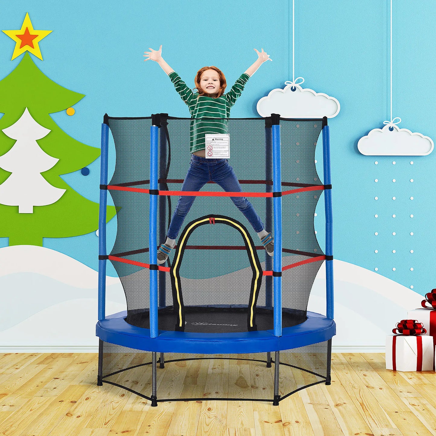 55" Kids Trampoline with Enclosure Net, Indoor/Outdoor, Age 3-6, Blue Trampolines at Gallery Canada