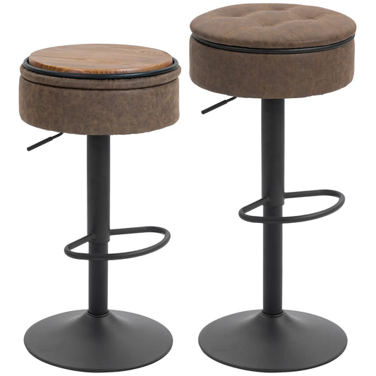 Set of 2 Barstools with Storage, Swivel, PU Leather, Footrest, Steel Base, Brown Bar Stools at Gallery Canada