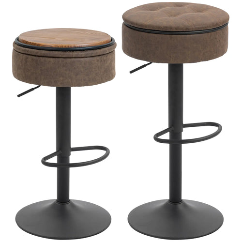 Set of 2 Barstools with Storage, Swivel, PU Leather, Footrest, Steel Base, Brown