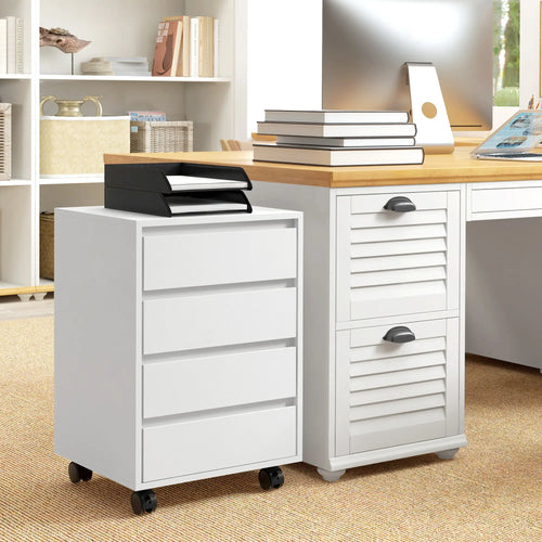 4 Drawer File Cabinet, Vertical Filing with Wheels, Printer Stand, White