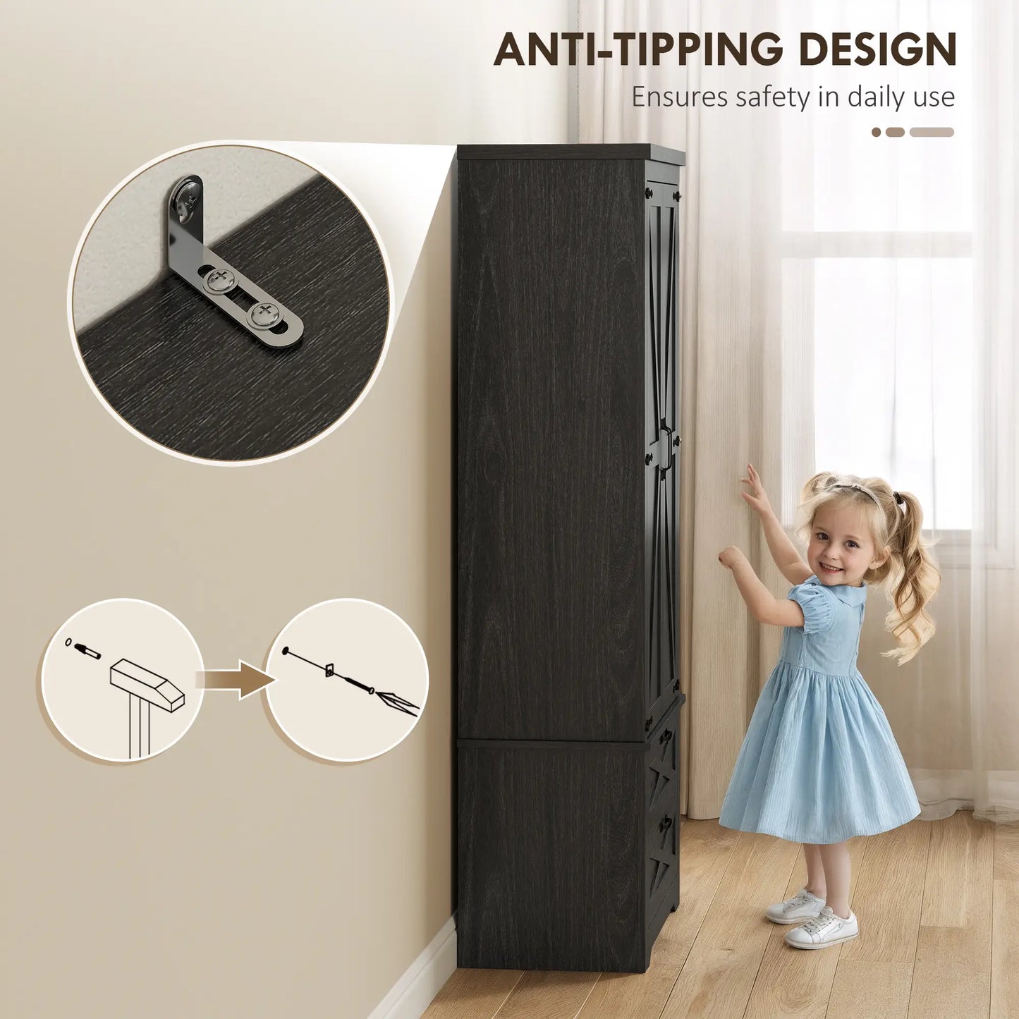 Farmhouse Kitchen Pantry Storage Cabinet, 64 Inch, Distressed Black Kitchen Pantry Cabinets at Gallery Canada