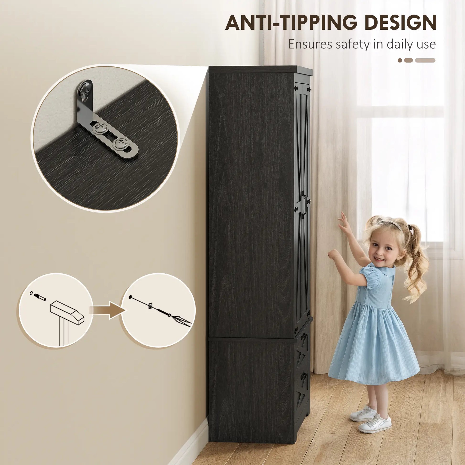 Farmhouse Kitchen Pantry Storage Cabinet, 64 Inch, Distressed Black Kitchen Pantry Cabinets at Gallery Canada