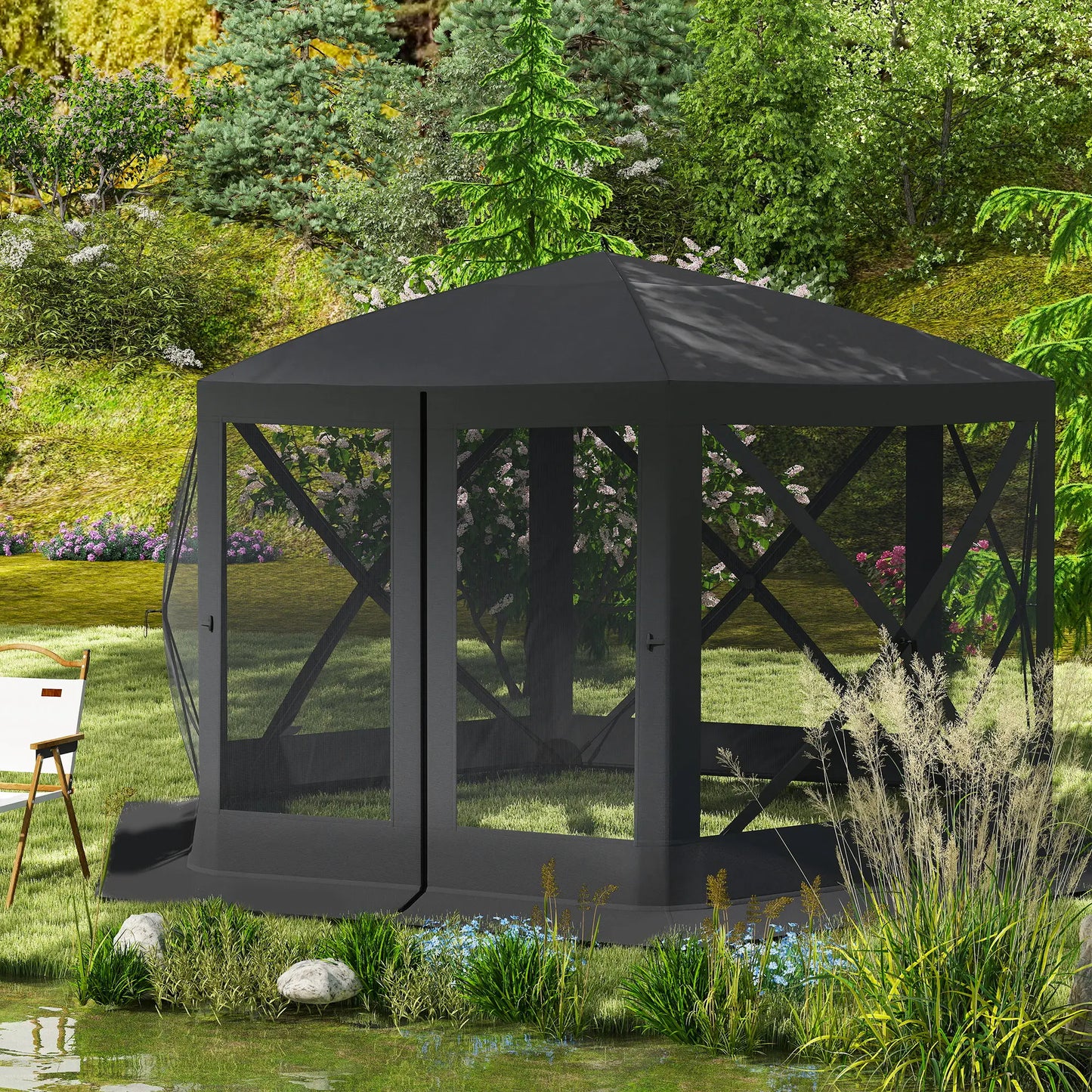 12' x 12' Hexagon Pop Up Screen Tent, Camping Shelter w/ Mesh, Carry Bag, Black Pop Up Canopies at Gallery Canada