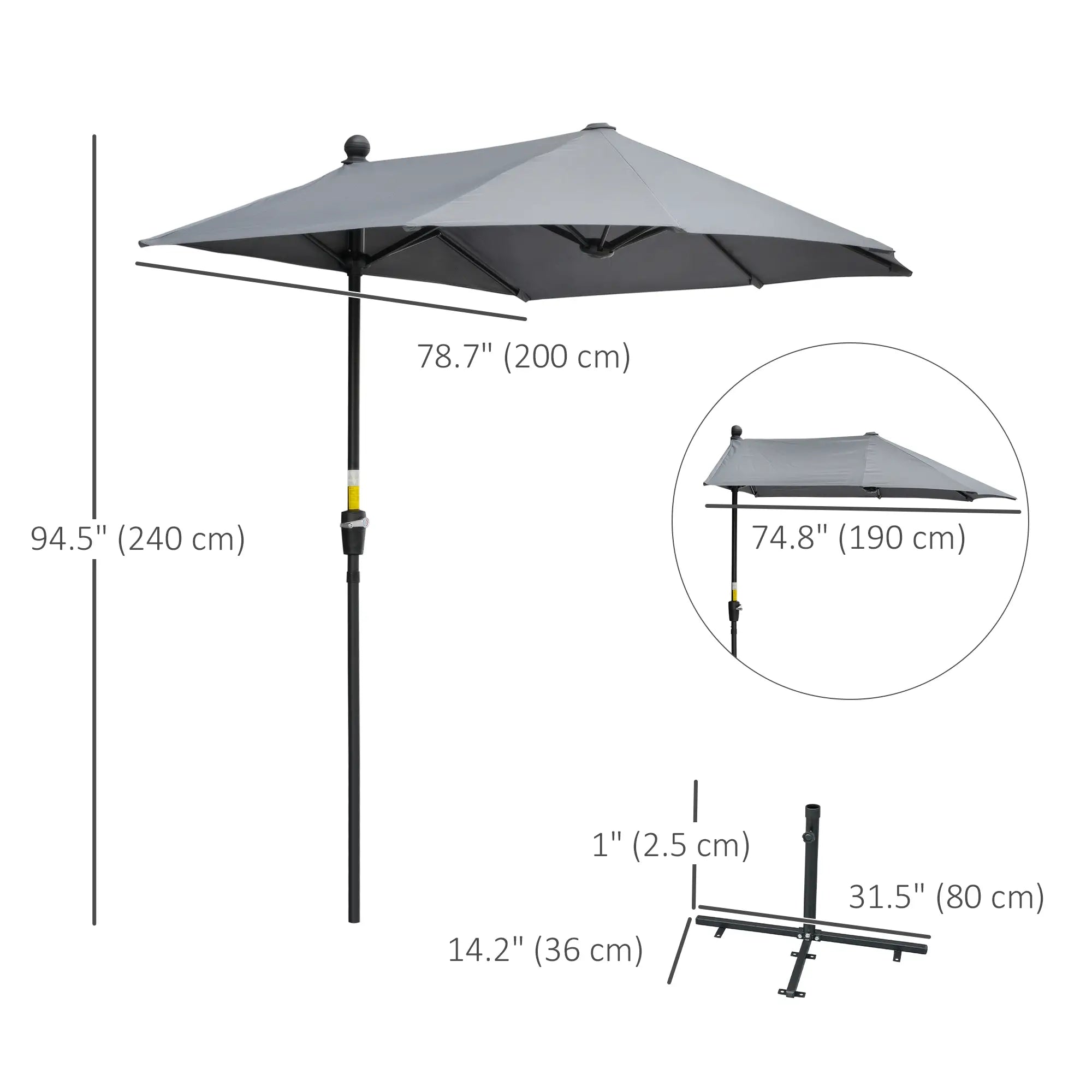 6.6 x 6ft Half Patio Umbrella, Double-Sided Canopy, Crank Handle, Grey Sun Umbrellas at Gallery Canada