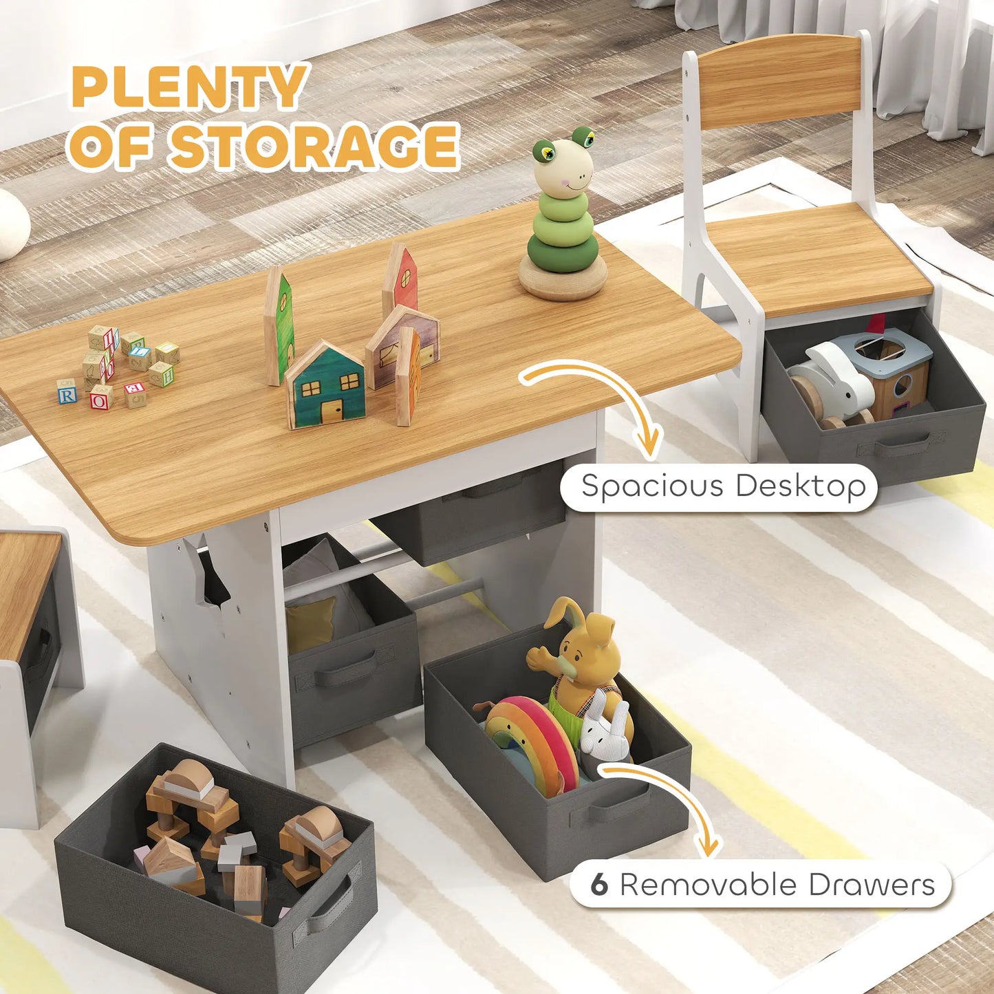 3 Piece Kids Table and Chair Set, 6 Removable Drawers, Natural Kids Table Sets at Gallery Canada