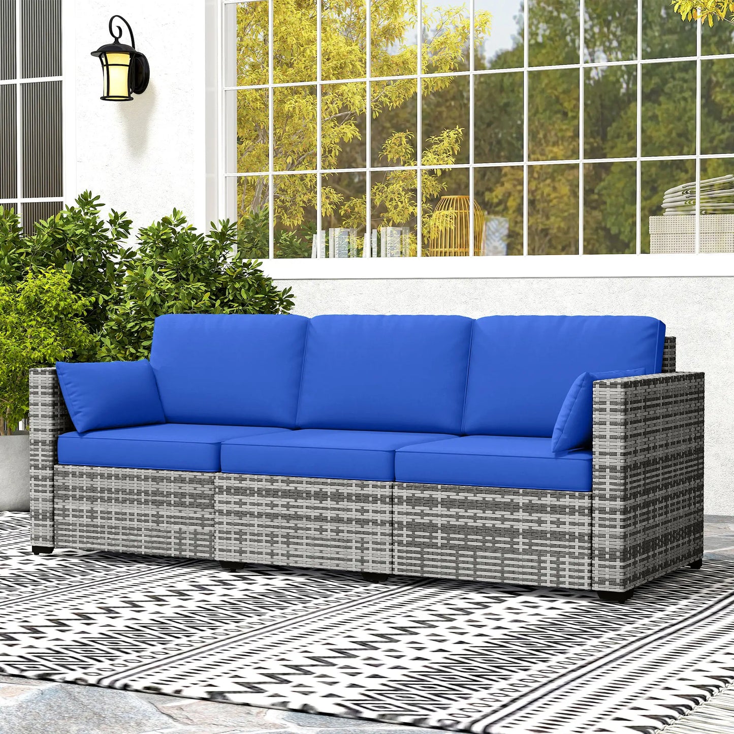3-Seater Outdoor Sofa with Cushions, PE Rattan, Blue Patio Furniture Sets at Gallery Canada