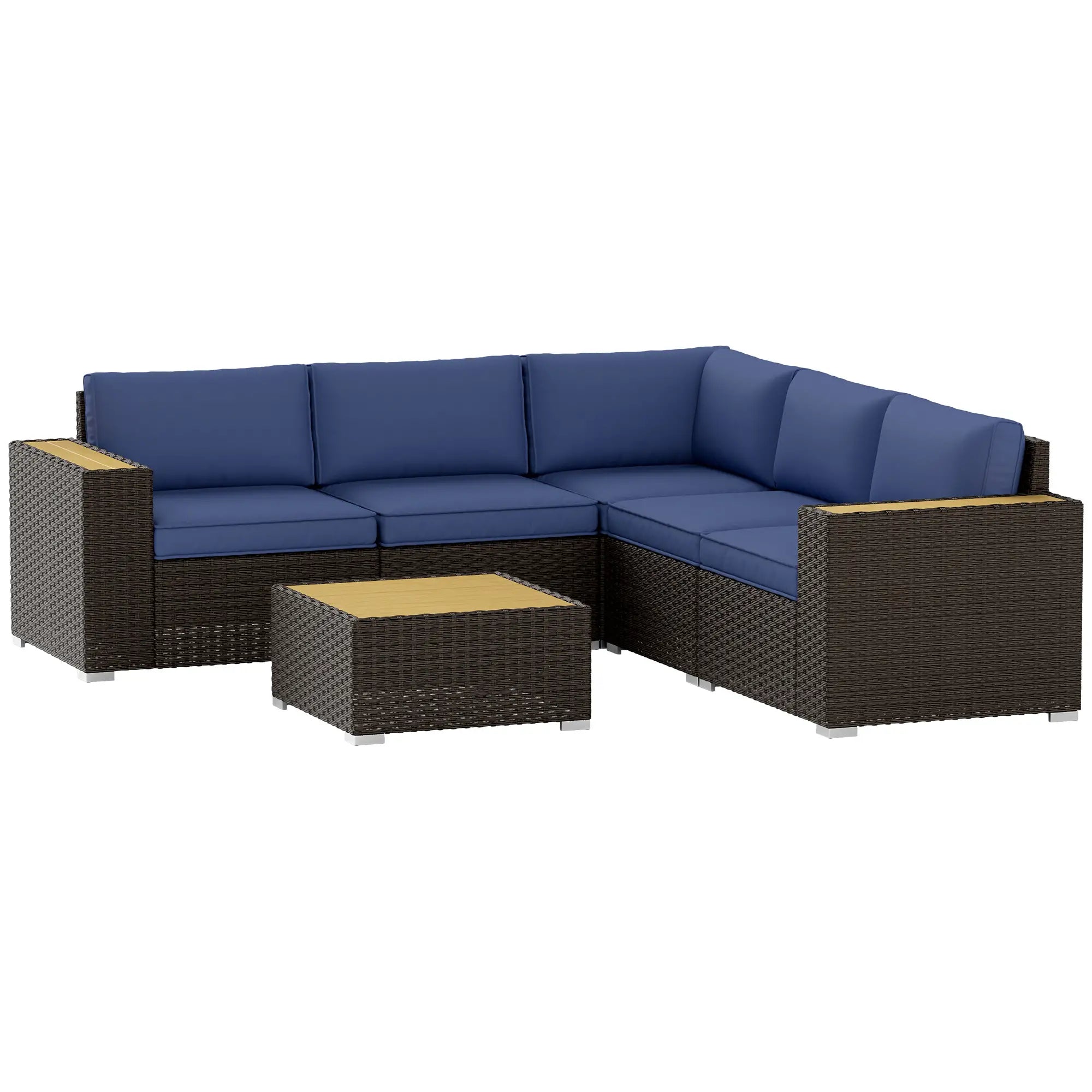 6-Piece Outdoor Rattan Patio Set, Corner Sofa, Wood-Plastic Table, Navy Blue Patio Furniture Sets Brown Rattan, Navy Blue Cushion, Natural Board at Gallery Canada