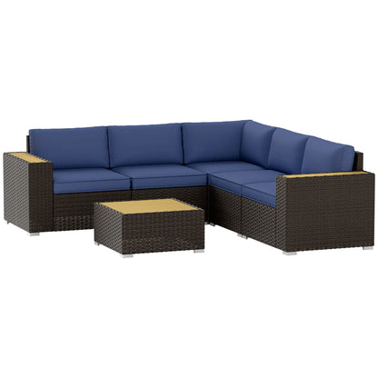 6-Piece Outdoor Rattan Patio Set, Corner Sofa, Wood-Plastic Table, Navy Blue Patio Furniture Sets Brown Rattan, Navy Blue Cushion, Natural Board at Gallery Canada