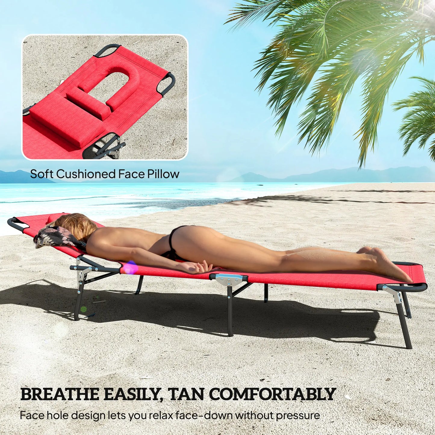 Adjustable Outdoor Lounge Chair, Folding Chaise with Face Hole, Red Lounger Chairs at Gallery Canada