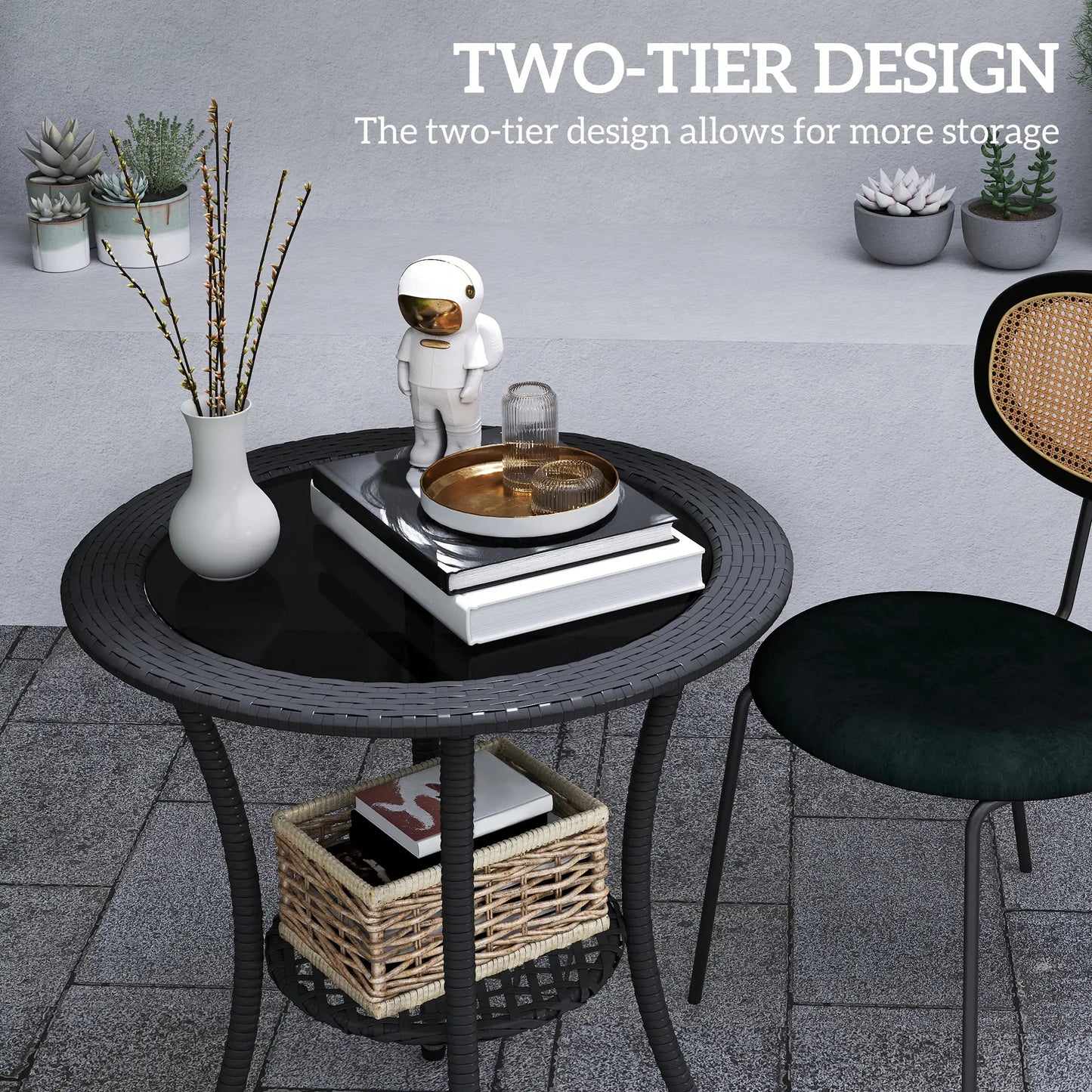 Outdoor Rattan Dining Table, Round Coffee Table with 2-Tier Shelf, Black Patio Dinning Tables at Gallery Canada
