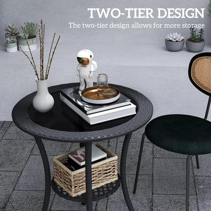 Outdoor Rattan Dining Table, Round Coffee Table with 2-Tier Shelf, Black Patio Dinning Tables at Gallery Canada