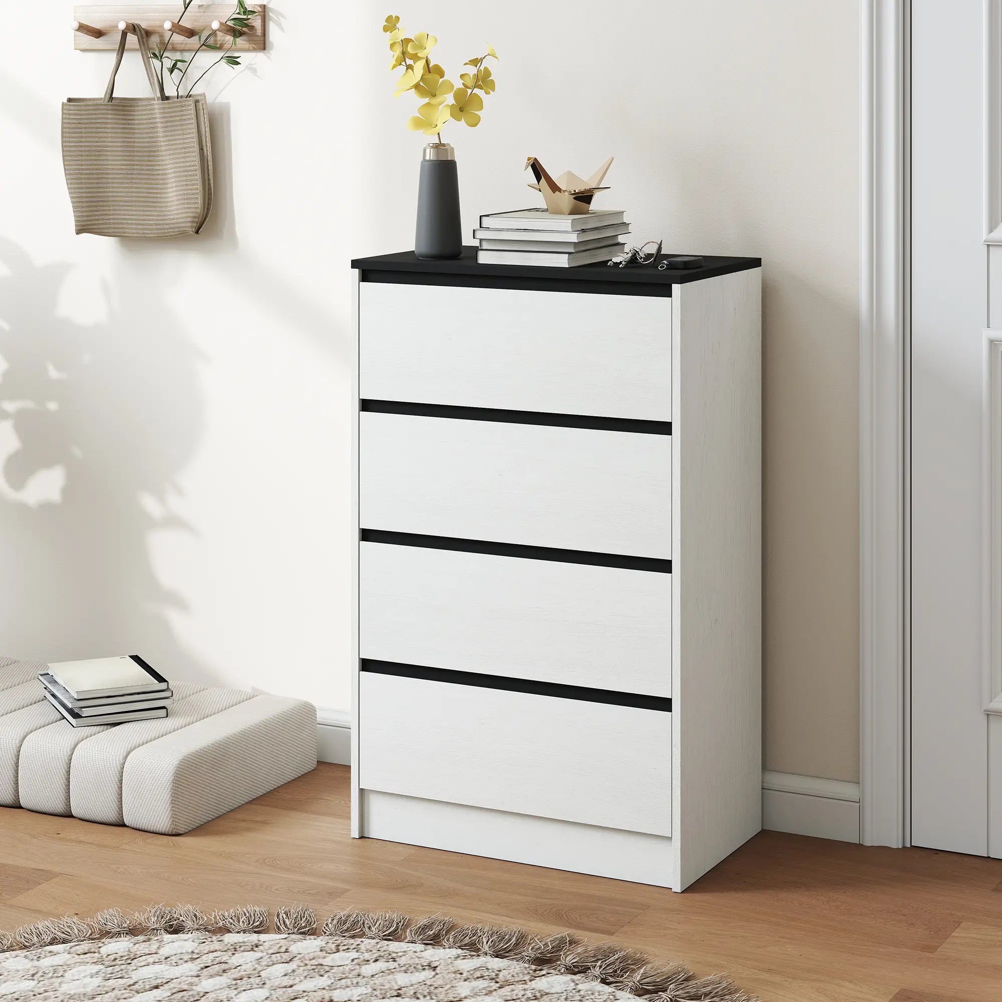 Tall Chest of Drawers, 4 Drawer Dresser, White Wood Effect, White Storage Cabinets at Gallery Canada