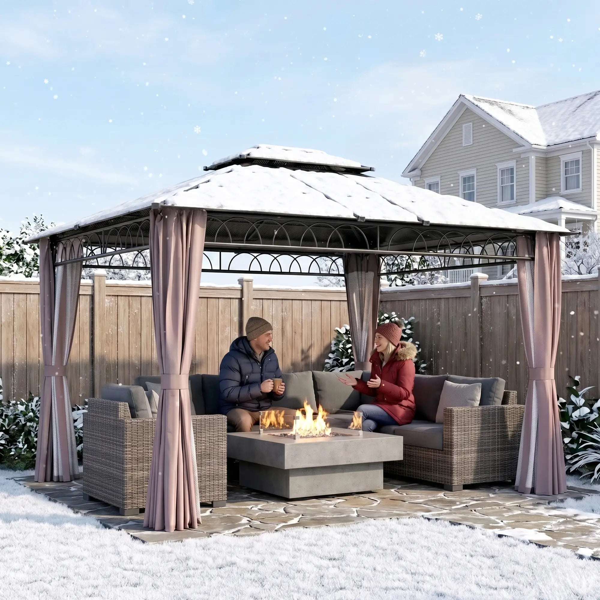 10' x 12' Hardtop Gazebo, Polycarbonate Roof with Netting & Curtains, Khaki Gazebos at Gallery Canada