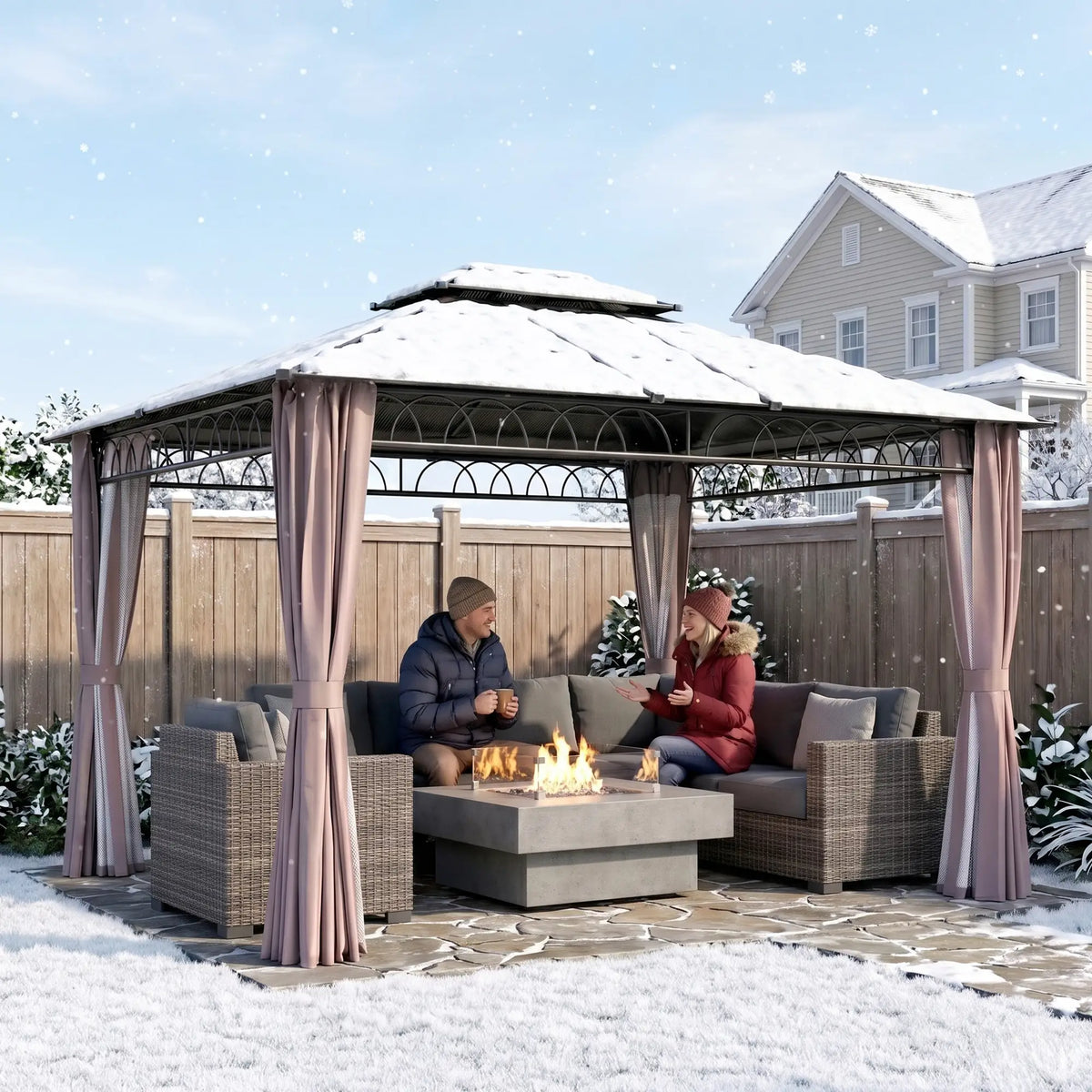 10' x 12' Hardtop Gazebo, Polycarbonate Roof with Netting & Curtains, Khaki Gazebos at Gallery Canada